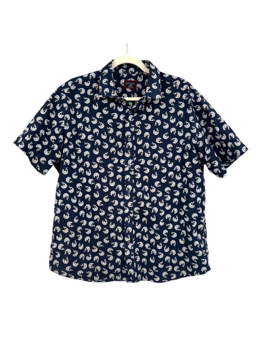Untuckit Classic Cotton Short Sleeve Pinon Relaxed Shirt Navy Blue Size Large